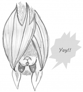 A drawing of a happy bat saying yay