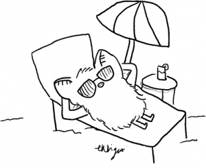 A drawing of a bat relaxing at the beach by E Wright