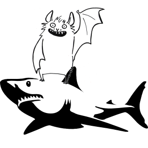A cartoon of a bat riding a shaark