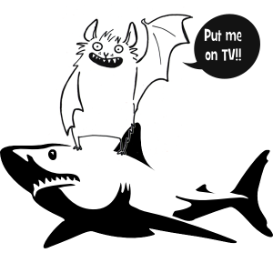 A cartoon of a bat riding a shark for Shark Week.