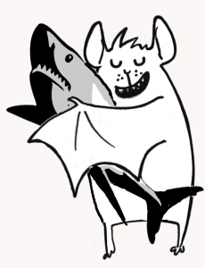 A cartoon of a bat hugging a shark