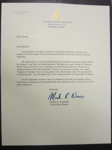 A letter from Senator Mark Warner to Blogger Rachael acknowledging her work on behalf of bats.