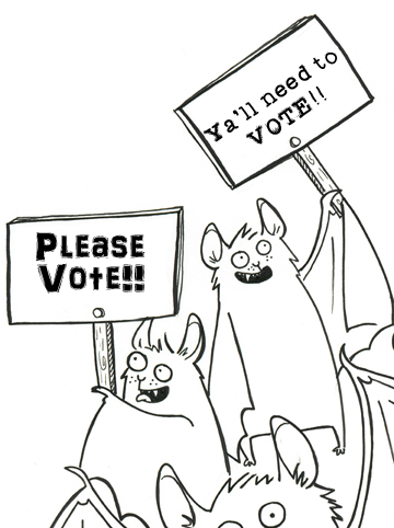 A cartoon of two bats holding signs asking people to vote. The signs use different dialects (phrases).