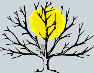A drawing of the sun caught in the branches of a leafless tree. A little squirrel is climbing toward the sun to free it.